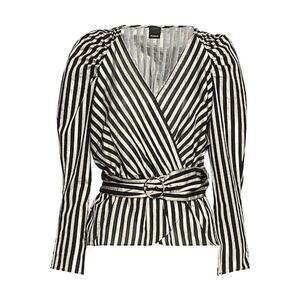 Pinko Clarence 1 Blusa Striped Belted Puff Sleeve Black Gold Lurex Wrap Top XS
